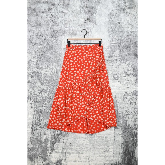 Madewell Ruffle Wrap Midi Skirt in Happy Hibiscus Floral Red - Picture 1 of 5